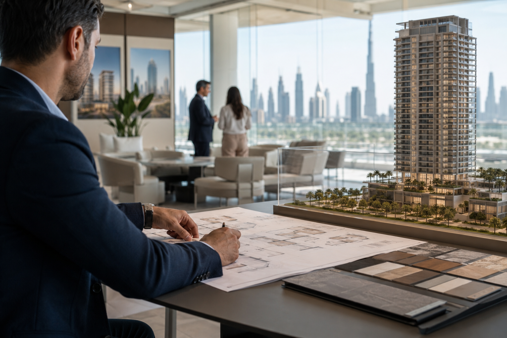  Investor reviewing a Dubai off-plan tower model and floor plans