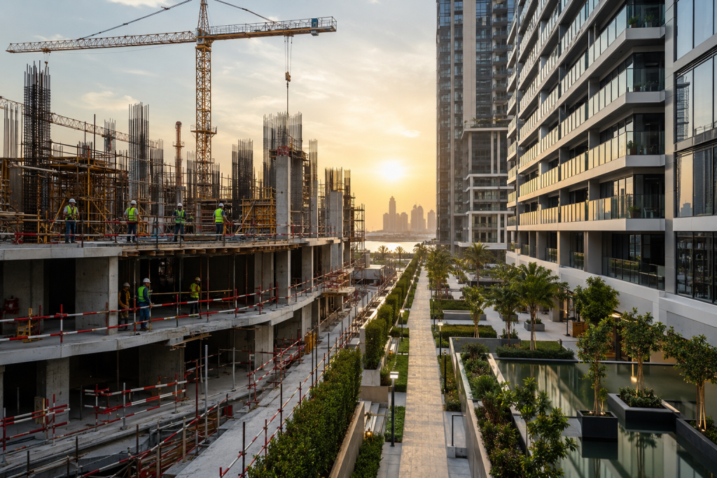 Dubai construction progress beside a completed residential community