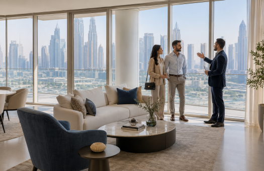 Buyers viewing a premium apartment with a Dubai real estate advisor