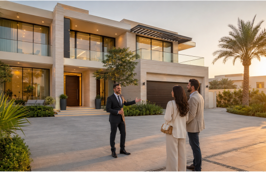 Real estate advisor presenting a premium Dubai villa to buyers