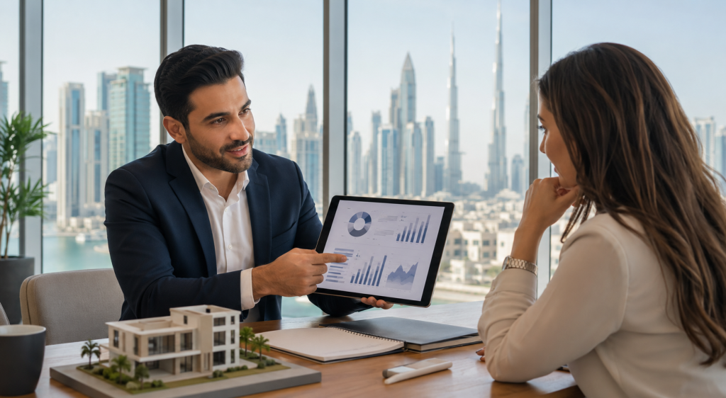 Dubai real estate advisor presenting a property valuation